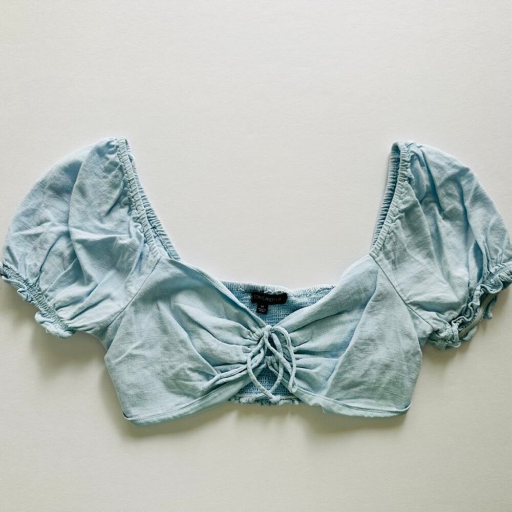 Cotton Candy LA Crop Top Light Blue Linen Size Medium Puff Sleeve
